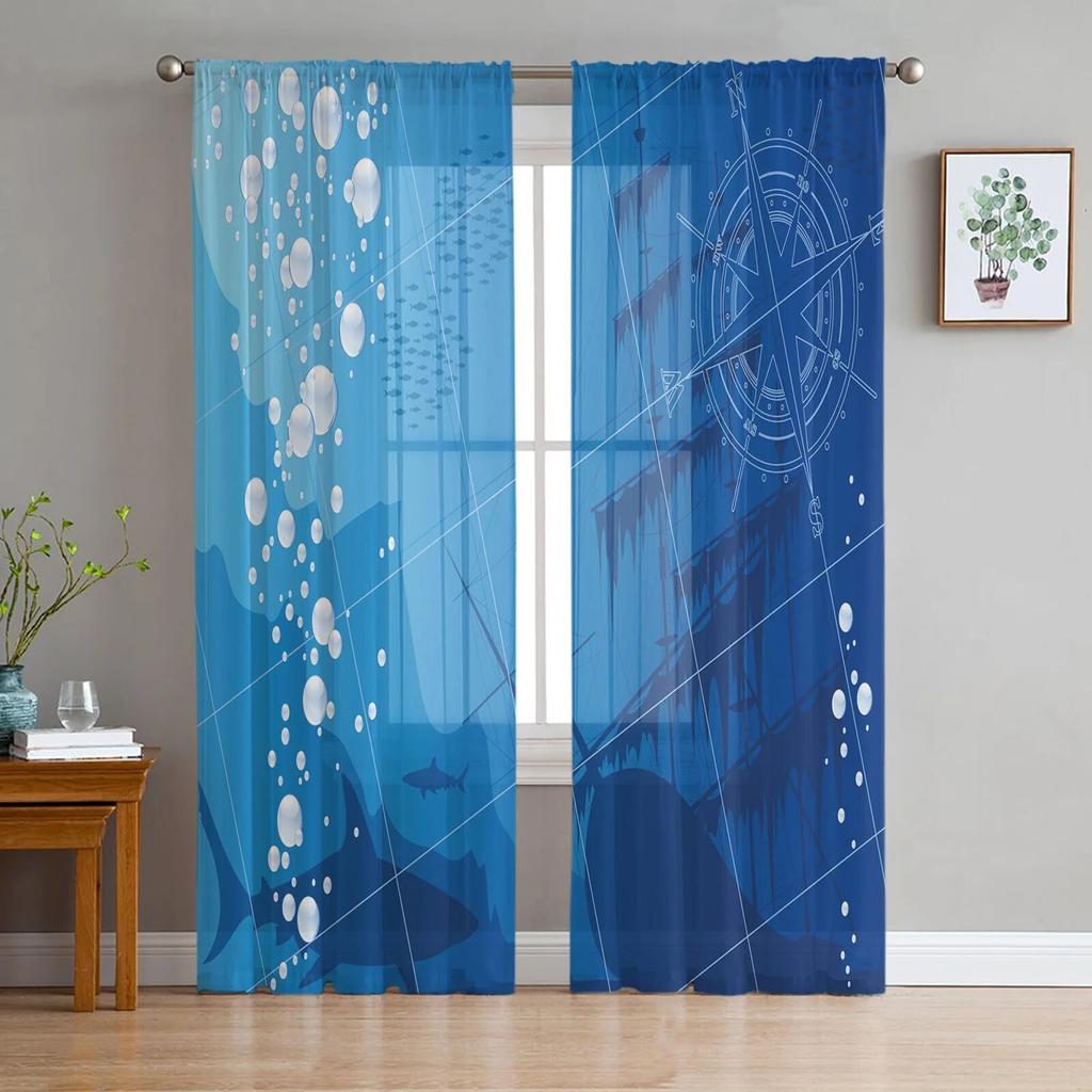 Shark Silhouette Curtain Window Tulle For Living Room Bedroom The Kitchen Window Treatment Decorations Curtains