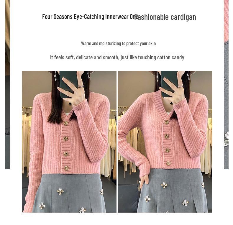 Women's Early Autumn High-Waisted Knit Cardigan - V-Neck, Fine Imitation Wool, Net Celebrity Style