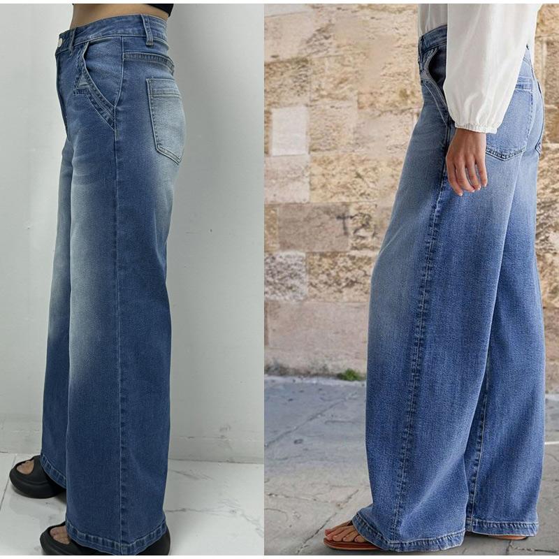 Весенние новые женские винтажные уличные прямые джинсы с широкими штанинами и карманами на пуговицах, потертые джинсы с высокой талией, повседневные джинсы 2025