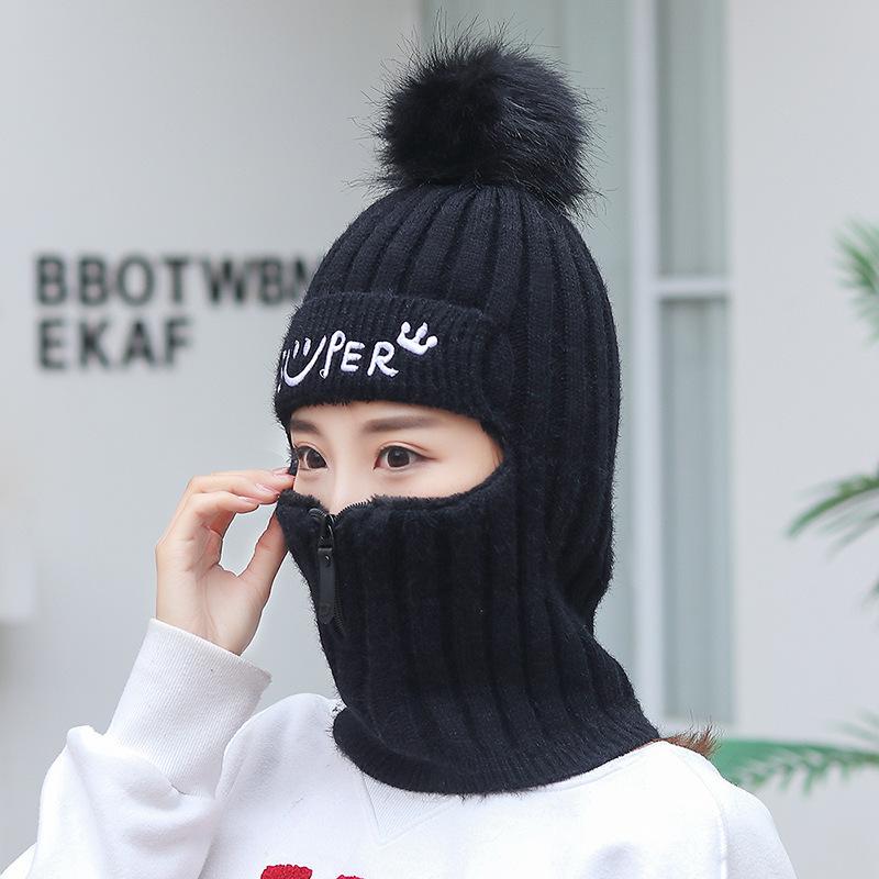 Women's Winter Knitted Hat Warm Zipper Windproof Winter Cap With Neck Warmer