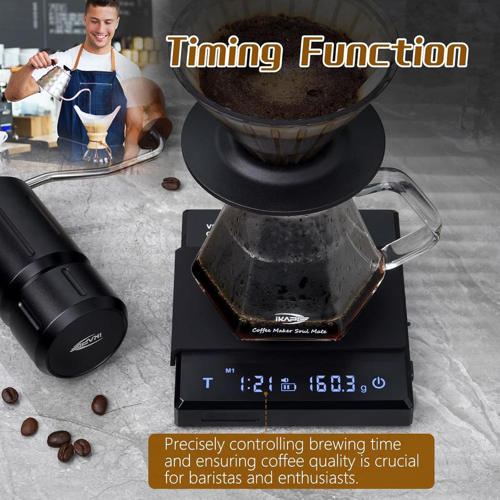 IKAPE Digital Coffee Scale with Timer, 2kg/0.1g High Precision Rechargeable Drip Espresso Scale with Tare Function, LED Display(Black)