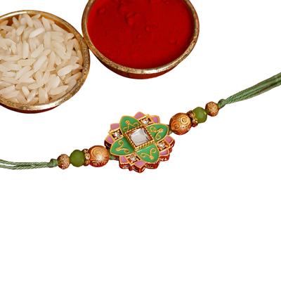 Набор: браслет Ракхи, Синдур и Рис, Green & Pink Meenakari Rakhi and Roli Chawal Set,