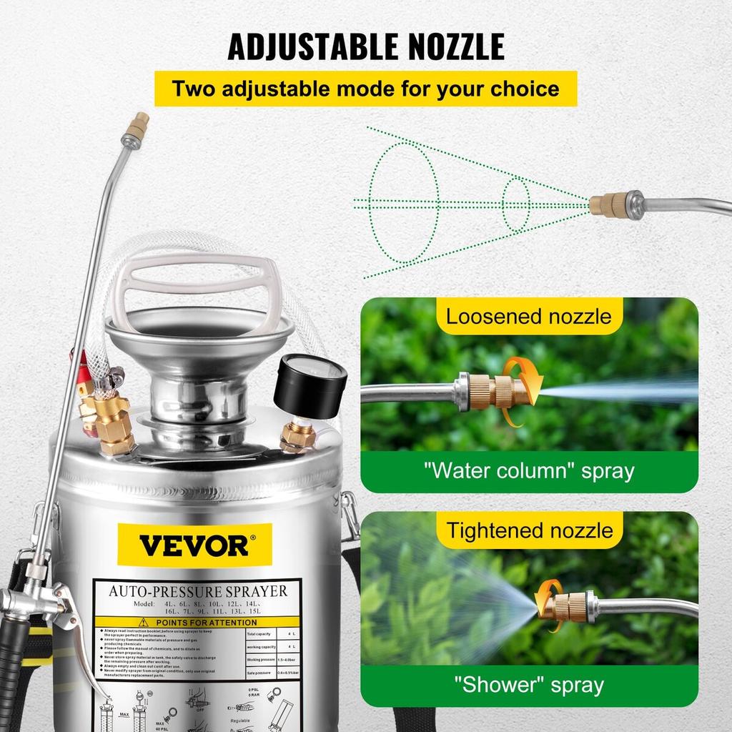 Stainless Steel Sprayer 4L Household Gardening and Floor Cleaning Sprayer, Suitable for the Current Neds of Industry, Agriculture, Commerce, Medicine
