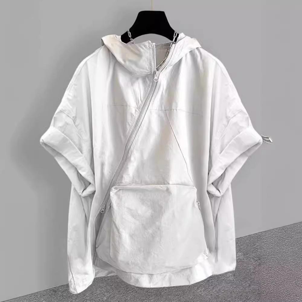 Футболка с капюшоном и короткими рукавами на молнии, мужская летняя корейская версия тренда Tooling, большой карман, короткий рукав