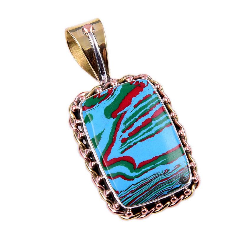 Natural Rainbow Calcica Gemstone 925 Solid Silver Two Tone Pendant 1.50'' O8z38