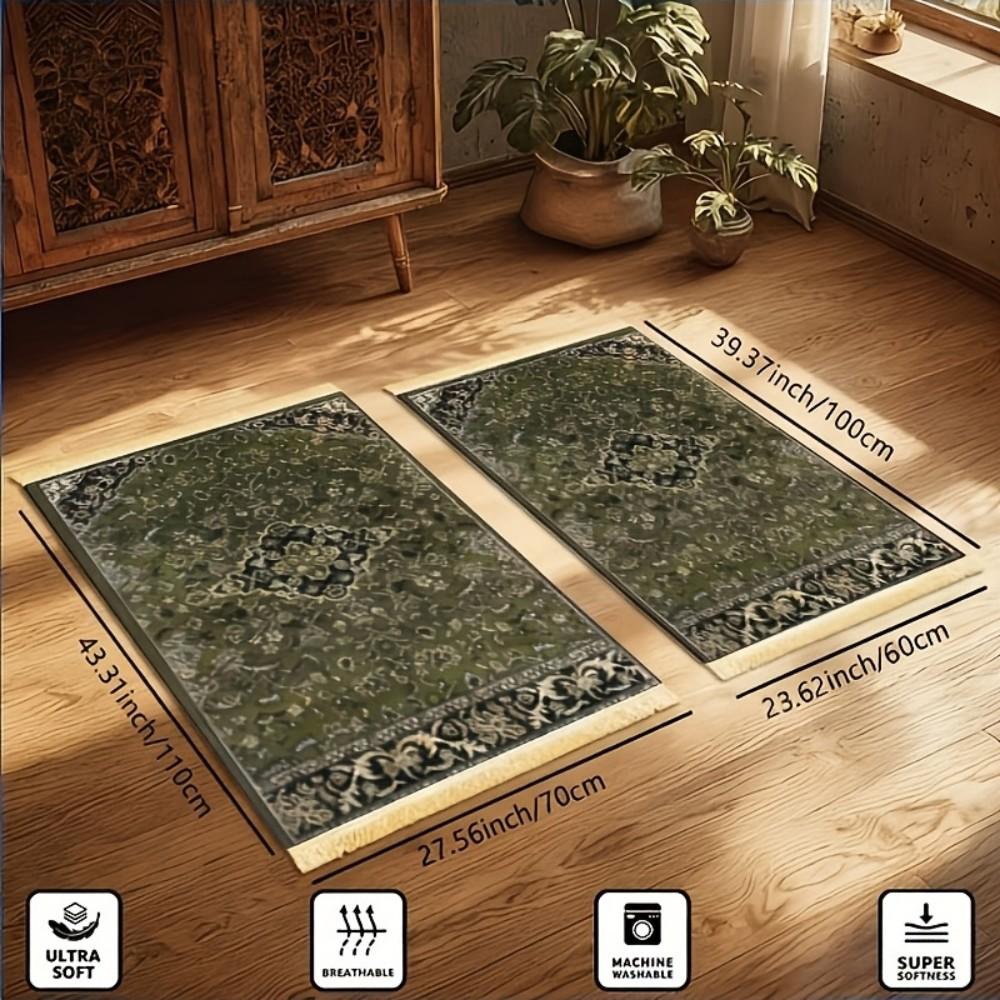 Green Gold Vintage Medallion Floral Islamic Prayer Rug Polyester Portable Muslim Salah Mat Ramadan Home Decor Prayer Carpet
