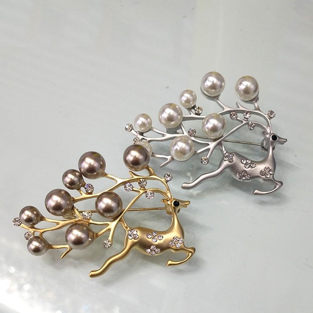 Cute Animal Deer Brooches Women Black Vintage Rhinestone & Simulated Pearl Brooch Pins Jewelry