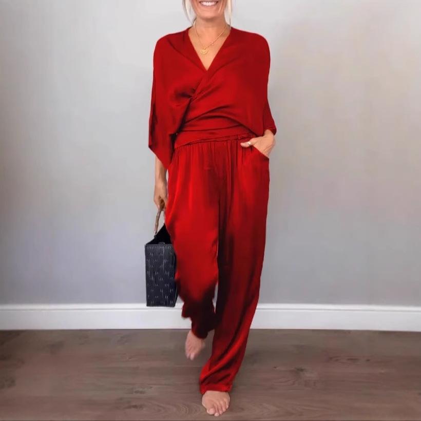 Весенний тонкий атласный свободный костюм, модный прямой офисный наряд с эластичной талией, повседневный женский комплект из топа и брюк с V-образным вырезом и длинными рукавами