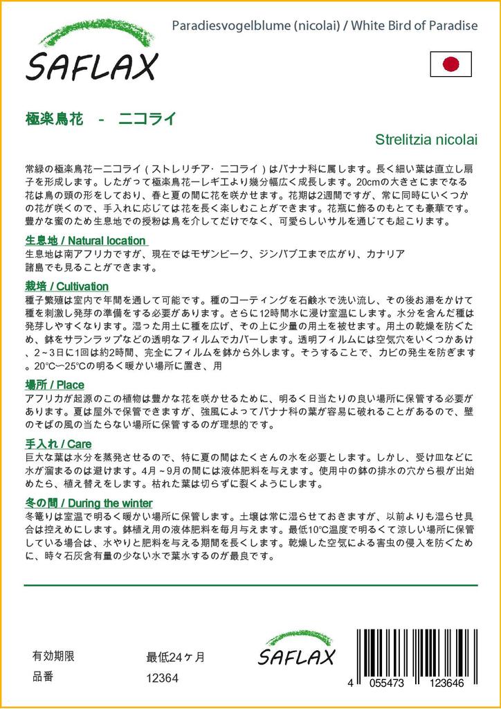 SAFLAX White Bird of Paradise - 5 семян - С горшечным субстратом для лучшего выращивания - Strelitzia nicolai