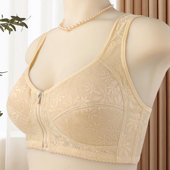 Soft Cotton Thin Cup Front Zipper Middle-aged and Elderly Underwear Ladies Jacquard Non-steel Ring Undershirt Type Large Size Bra