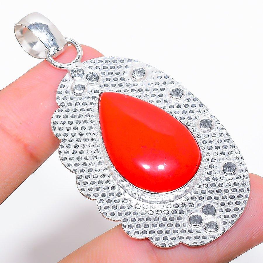 Italian Red Coral Gemstone Handmade 925 Sterling Silver Jewelry Pendant 2.36"