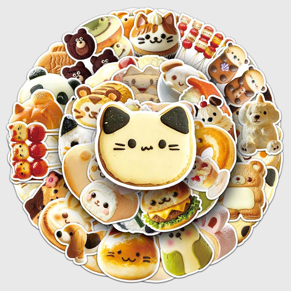 Animal Food Sticker Set: 50 Cute Cartoon Bread, Cookie Shapes, Waterproof Lunch Box Decor.