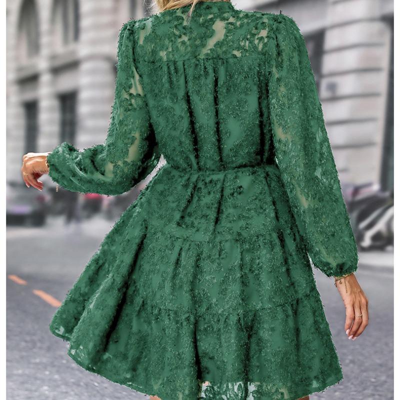 Spring and Summer Elegant Retro Lace Long Sleeve Dress Women Fashion A Line Casual Loose Dresses Women Slim Fit Solid Party Club Female Dress 26645
