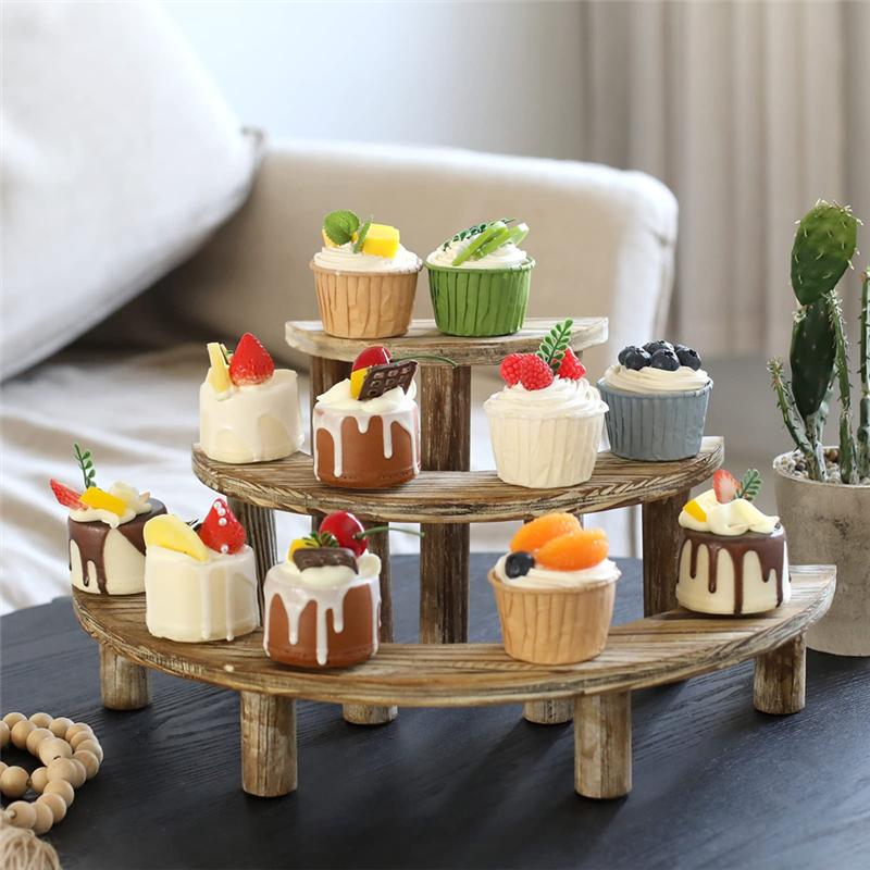 Practical-3-Layer Wooden Cupcake Rack Layered Cupcake Display Rack Semi-Circular Dessert Cake Rack