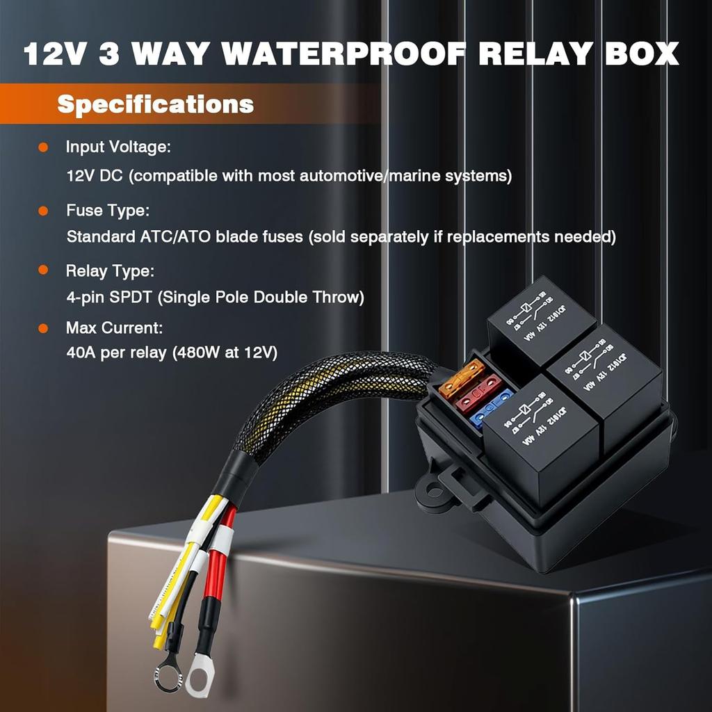 12V 3 Way Waterproof Relay Box Pre-Wired Fuse and Relay Box 3 Slot ATC/ATO Fuse Relay Block Universal Relay Panel for Automotive Fuses4