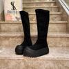 But knee thick-soled high tube elastic thin boots women's autumn new small height increase black big head short boots