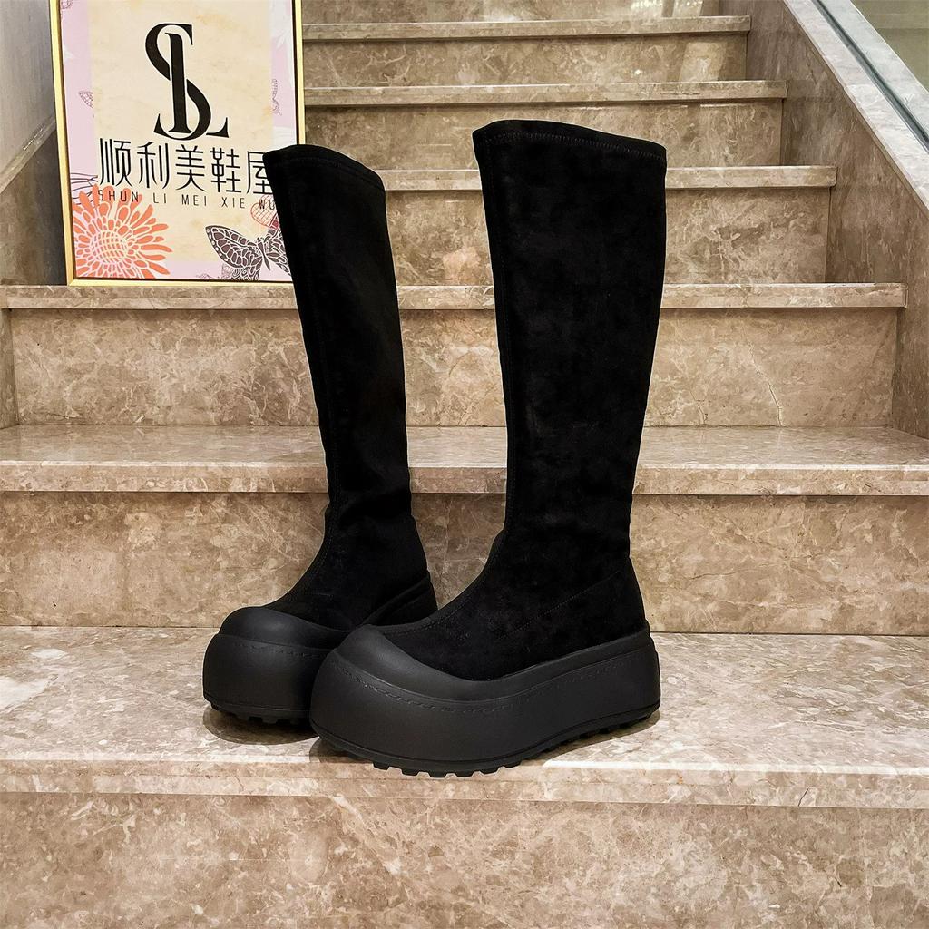 But knee thick-soled high tube elastic thin boots women's autumn new small height increase black big head short boots