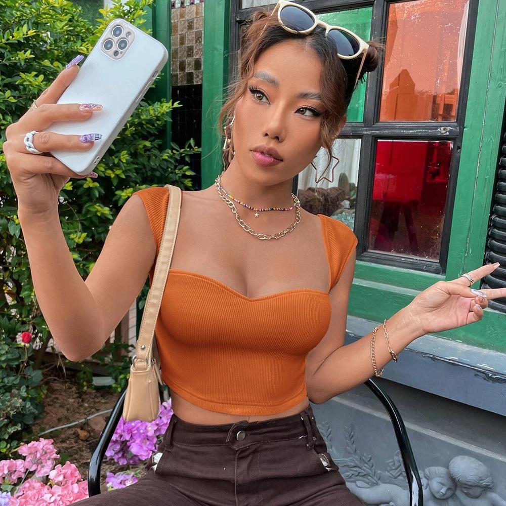 2025 Women's Slim Square Neck Ultra Short Sleeveless Cute T-Shirt Vest Top Basic T-shirts Tank Top