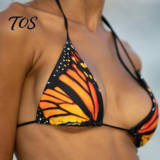 Adjustable Swimwear Women Butterfly Print Bikini Set, Halter Tie Top & Side Thong, Sexy Triangle Swimsuit Two Piece Swimsuit, Beach Bathing