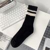 Полосатые носки с двумя полосками, Женские носки до середины икры, Осенне-зимний тренд, Однотонные, Стиль колледжа, Махровые носки, Спортивные и повседневные женские носки