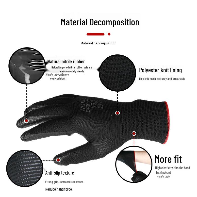Износостойкие нитриловые рабочие перчатки - Противоскользящие, Дышащие, Эластичные, Строительные перчатки с резиновым покрытием