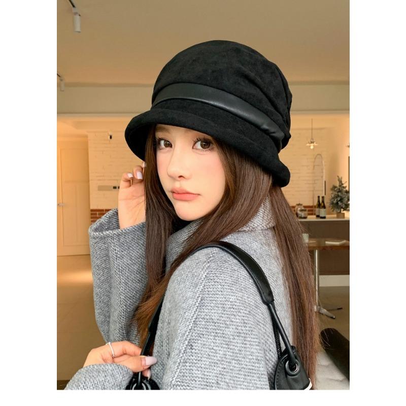 Korean Style Vintage Pleated Wide Brim Fisherman Hat For Women Autumn Fashionable Versatile