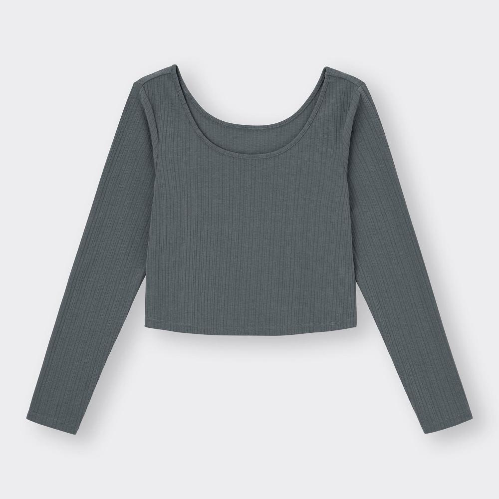 GU by Uniqlo Укороченная футболка из хлопковой смеси с широким вырезом и длинным рукавом, сухая 