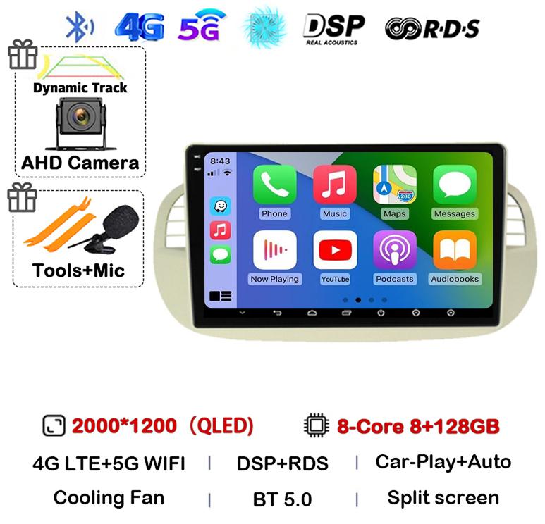 Android 14 Carplay& Auto Car Radio Stereo For Fiat 500 GPS Navigation Steering Wheel Control Multimedia BT WIFI+4G Head Unit DSP