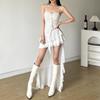 Y2K Irregular White Midi Dress Women Gothic Spaghetti Straps Ruffles Black Dresses Summer Korean Fairy Holiday Vestidos