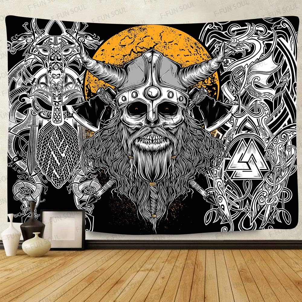 Rustic Viking Fantasy Tapestry Polyester Bohemian Wall Decor Gothic Warrior Mythology Art Hanging Poster for Man Cave Room Bedro