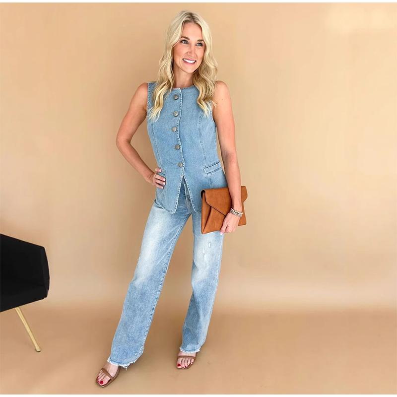 Повседневный женский джинсовый жилет, облегающий, с круглым вырезом, однобортный, на пуговицах, без рукавов, женский, весна 2025, женский винтажный универсальный жилет