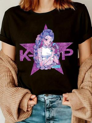 Женская повседневная футболка с круглым вырезом, K-pop графическим принтом, коротким рукавом, свободного кроя, с круглым вырезом, модный топ на весну/лето/осень