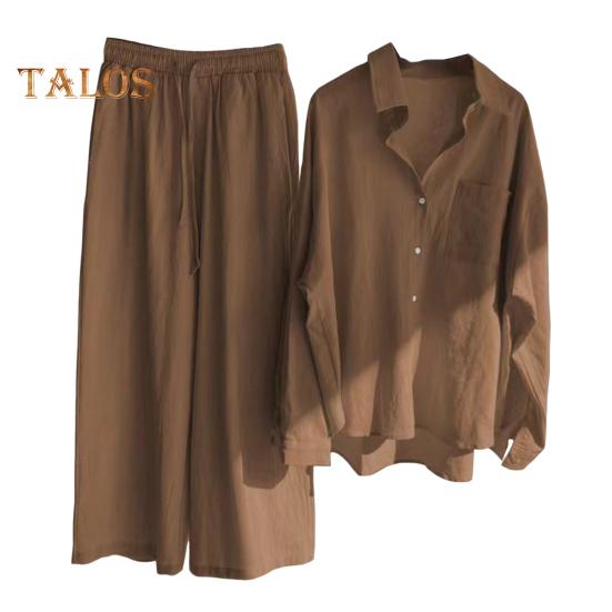 2 шт./компл., женская рубашка больших размеров, комплект брюк, сплошной цвет, блузка с воротником с лацканами и длинными рукавами, высокая талия, свободные широкие брюки, комплект, повседневная одежда для поездок на работу