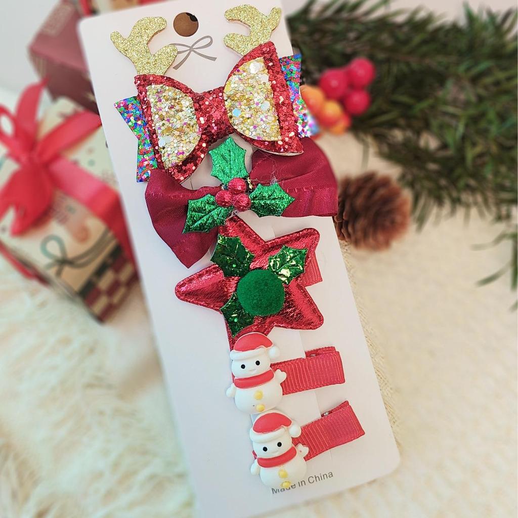 Christmas Side Clip Set: Cute Girl Hairpin with Christmas Tree, Hat, and Snowman Designs