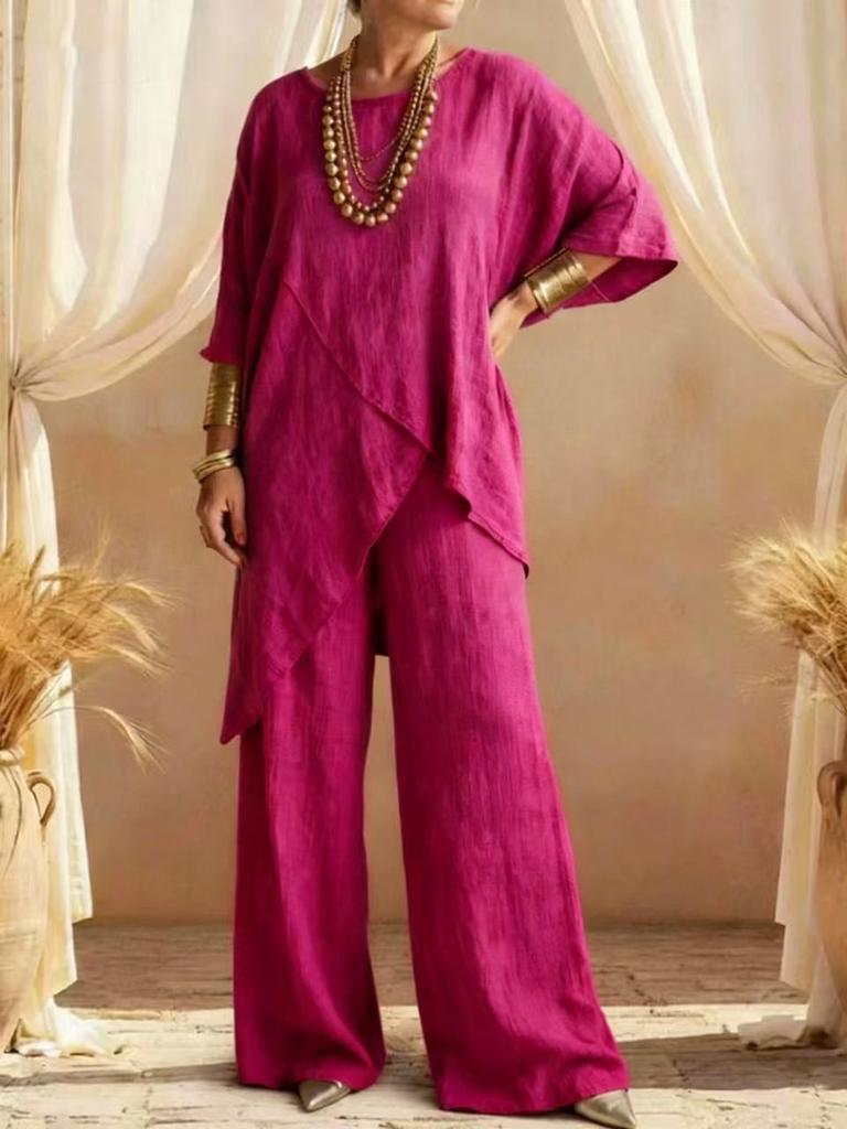 Женский льняной комплект из 2 предметов: асимметричный топ и брюки-клеш. Повседневный летний наряд