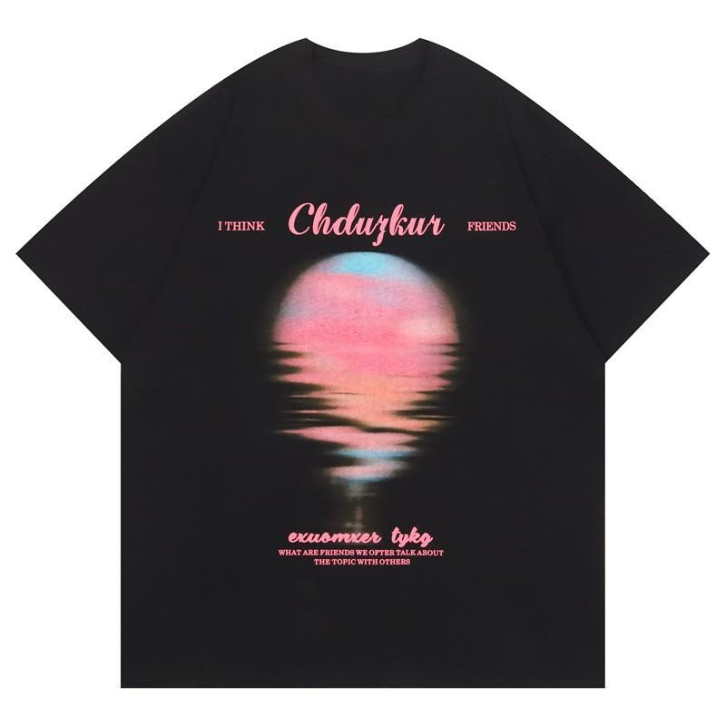 2023 лето новый чистый хлопок tide бренд американская ниша закат печать y2k свободная футболка женская милые и крутые малышки короткие рукава