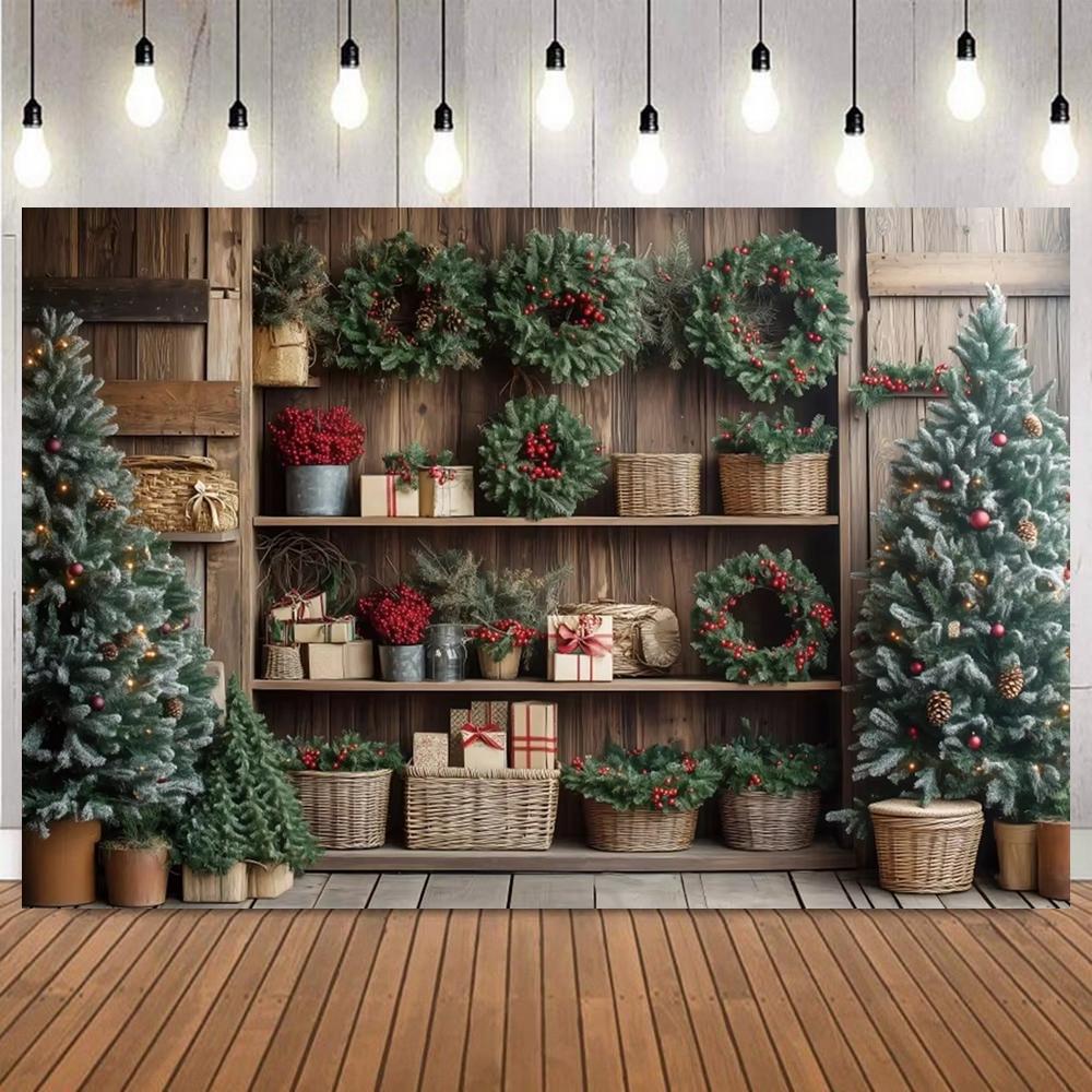 Winter Christmas Decor Photograph Background Red Phone Booth Cabinet Gift Pile Xmas Tree Potted Plant Party Portrait 2Backdrop