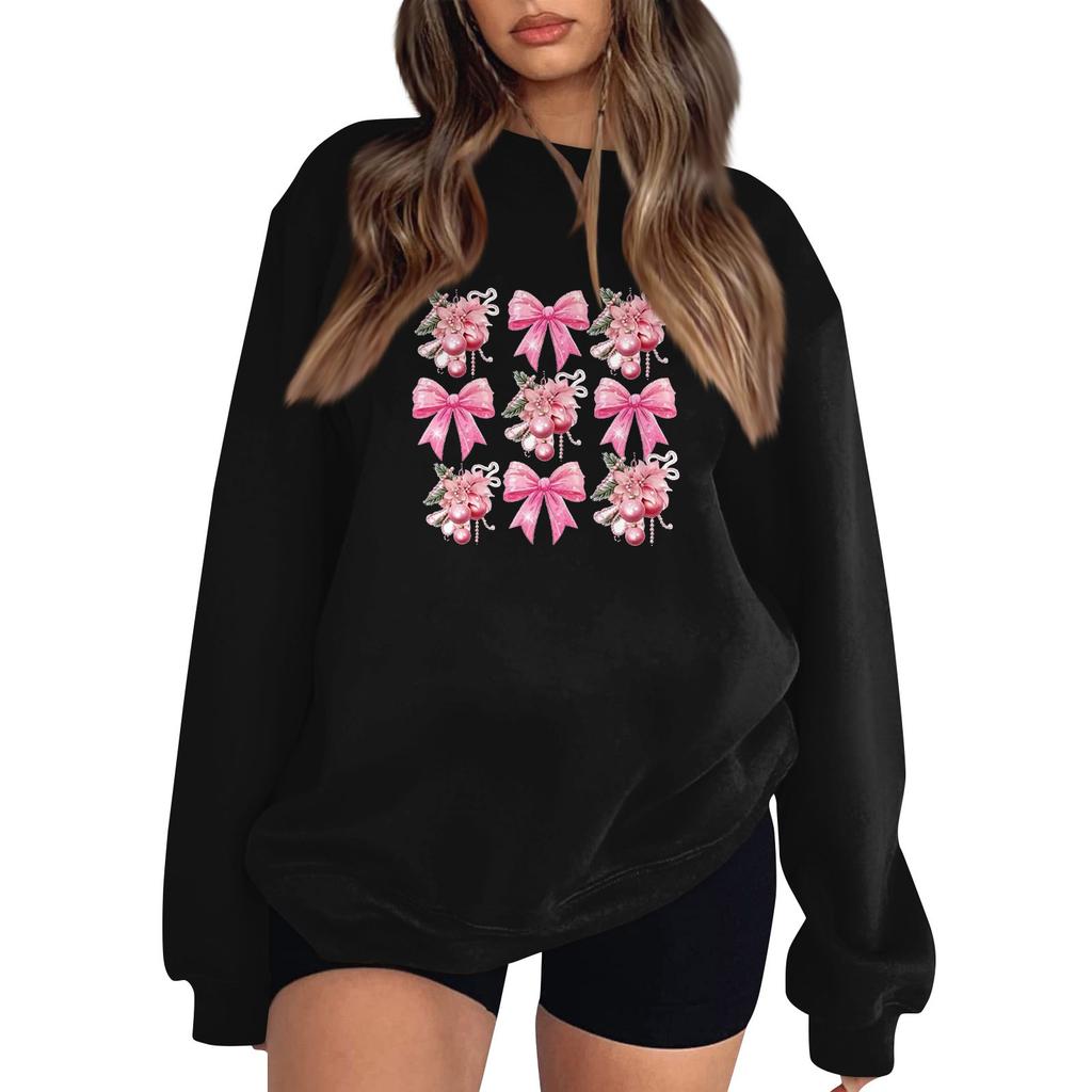 Women's Fashion Long Sleeve Loose Bowknot Printed Round Neck Sweatshirt