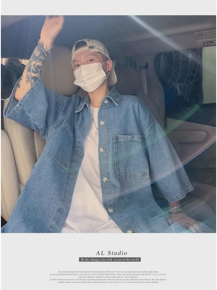 Мужская летняя рабочая джинсовая рубашка с коротким рукавом - модный японский гонконгский стиль