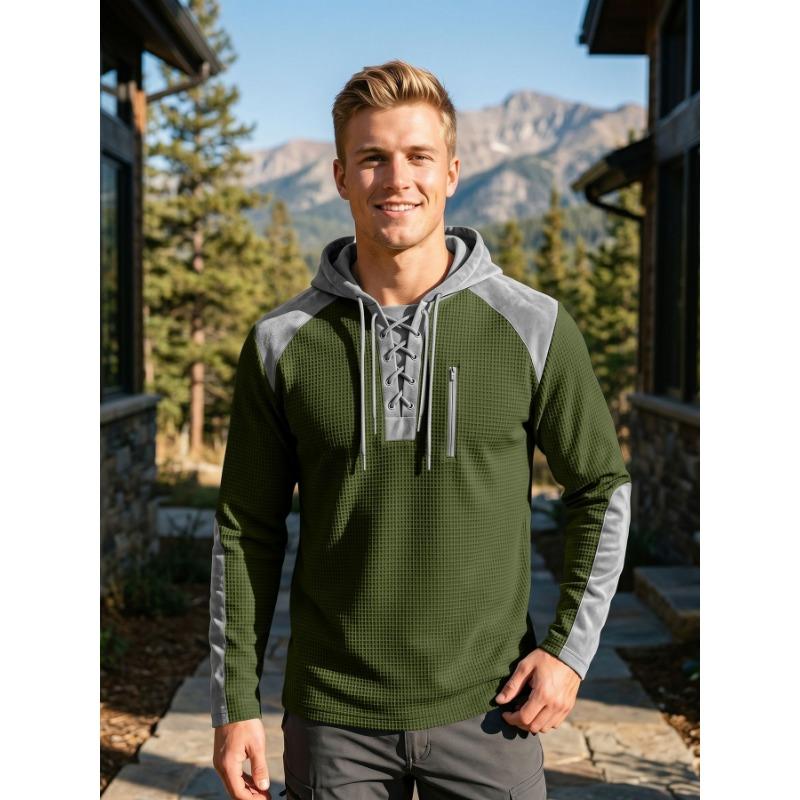 Men S Long Sleeve Hooded Waffle Color Block Casual Sweatshirt