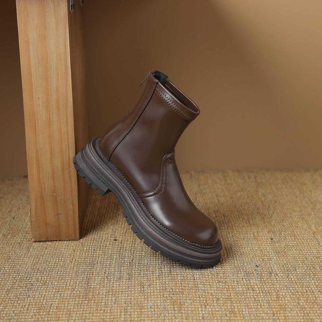 Krazing Pot Микрофибра Осенне-зимняя обувь Толстый высокий каблук Молния Платформа Размер 43 Мотоциклетные ботинки Коричневый цвет Ботильоны