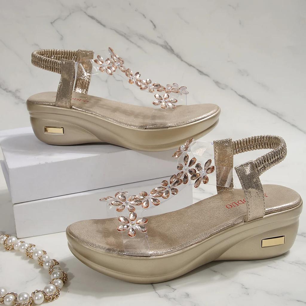 New Women Sandals Chunky Heel Platform Sandals Ladies Crystal Flower Decoration Shoes for Women Back Strap Fashion Shoes Female