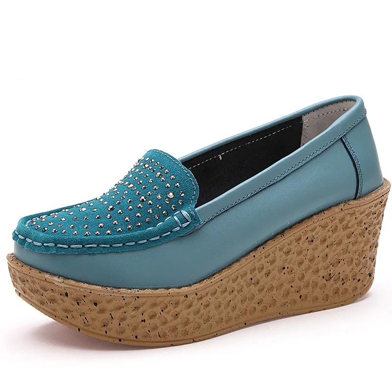 Spring Autumn Women Platform Wedge Shoes Ladies Genuine Leather Moccasins Loafers Casual Slip On Thick Soled Elevator Footwear
