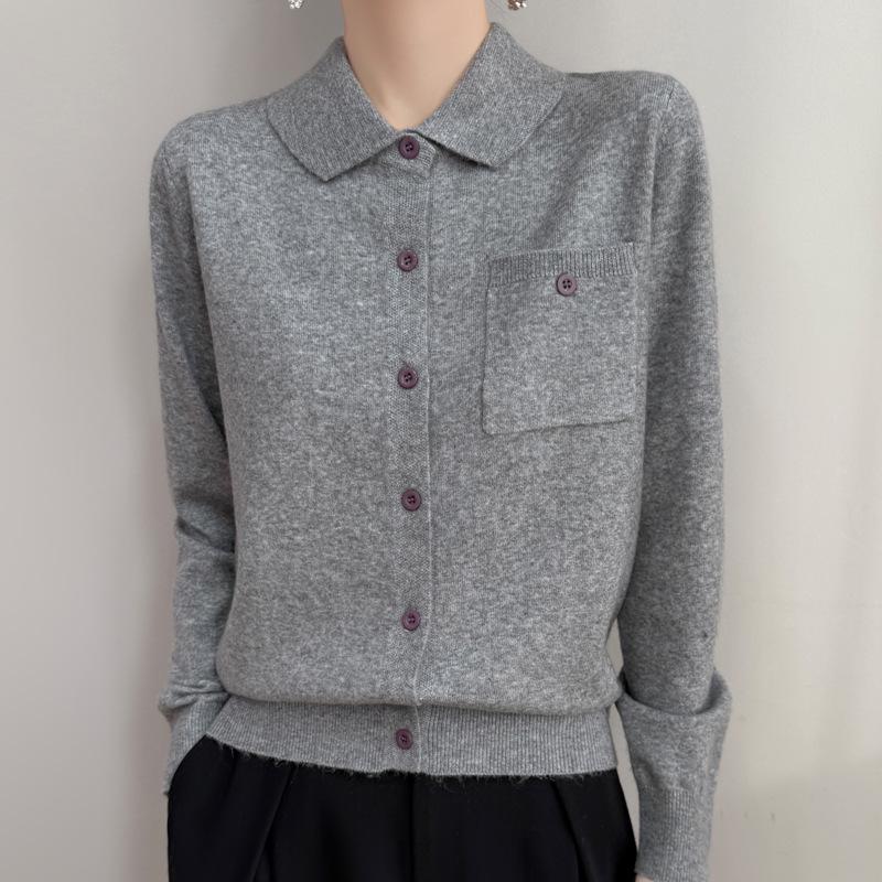 Women's Autumn Lapel Pocket Wool Cardigan – Long Sleeve Solid Color Knit Outerwear