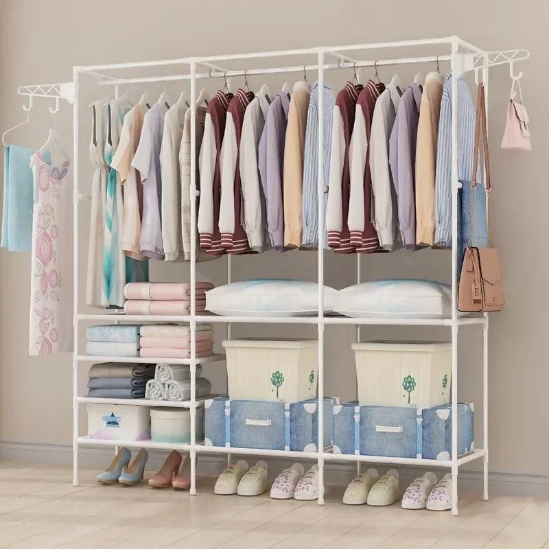 Floor Standing Coat Rack Bedroom Double Row Clothe Shelves Simple Large Capacity Wardrobe Closet For Clothes And Shoes Assembly