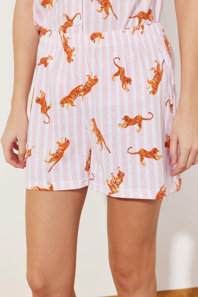 Women's Fashion Multicolored 100% Cotton Striped Animal Pattern Knitted Pajama Set