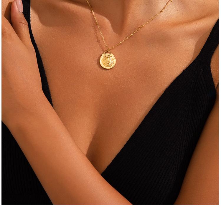 Ретро Ожерелье с Головой Льва и Набор Серег с 3D Текстурированными Монетами из Нержавеющей Стали