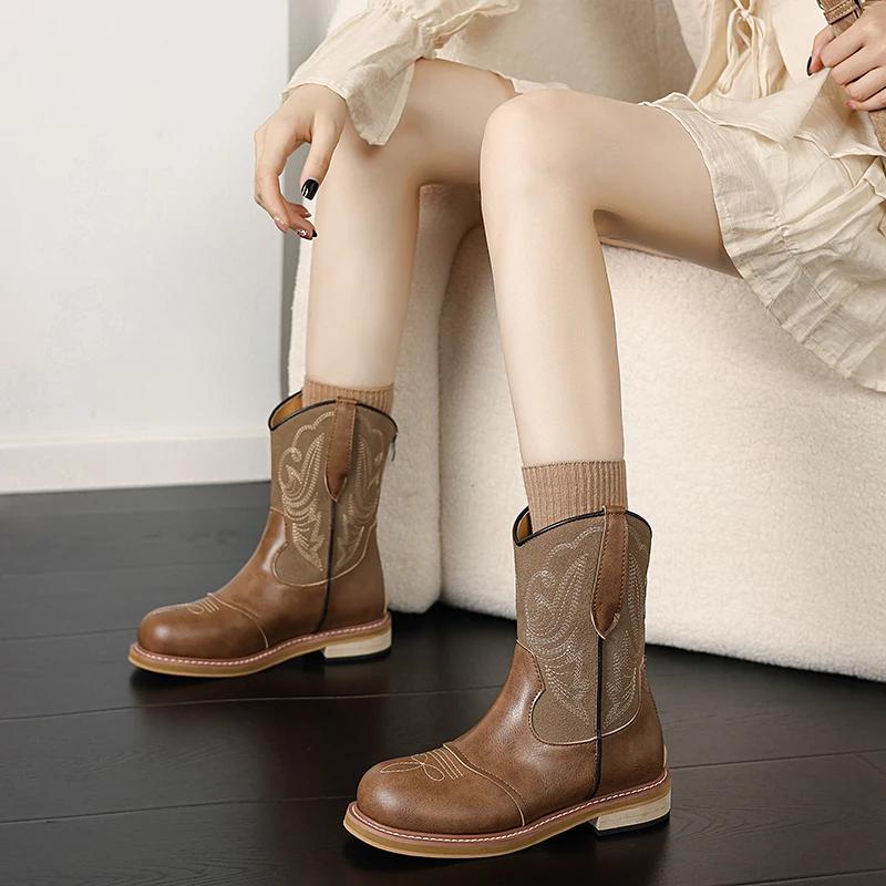 Модные осенние новые коричневые ботильоны женские туфли с круглым носком до середины голени современные ботинки хит продаж кожаные женские ботинки с принтом на молнии сзади