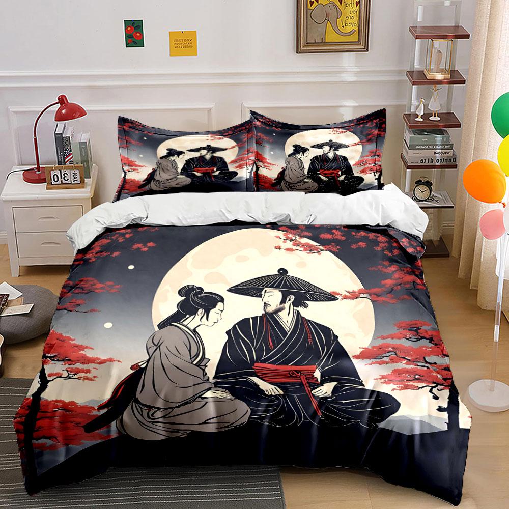"Japanese Samurai Art Decor Set" Bedding Set with 1 Duvet Cover 2 Pillowcases Single Double King Queen, Gift