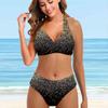 Женские купальники, бикини, комплект из 2 предметов, купальник с открытой спиной и лямкой на шее, пляжная одежда, купальные костюмы с серебряными пайетками и принтом